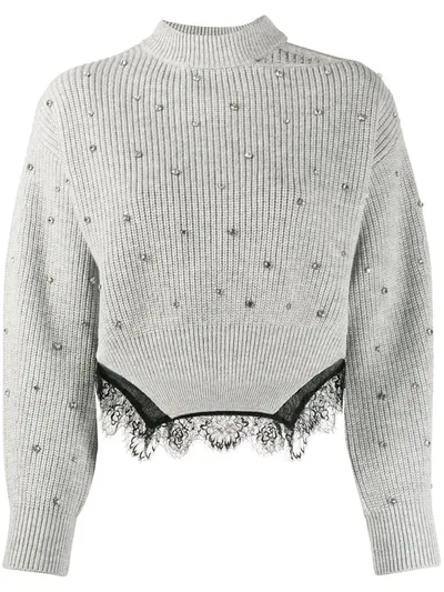 Self-portrait Crystal Embellished Grey Marle Jumper In Grey,black