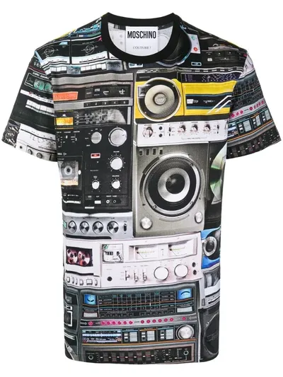 Moschino All Over Radio Print Cotton T-shirt In Black