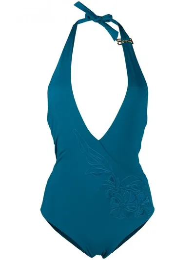 La Perla Floral Embroidered Plunging Neck Swimsuit In Blue