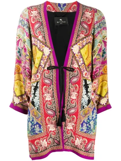 Etro Print-mix Drawstring-waist Kimono In Purple