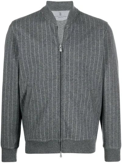 Brunello Cucinelli Pinstripe Knitted Bomber Jacket In Grey