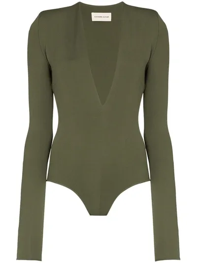 Alexandre Vauthier Deep V-neck Long Sleeve Bodysuit In Green