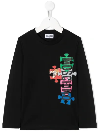 Moschino Kids' Logo Puzzle-print T-shirt In Black