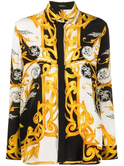 Versace Printed Silk Crepe De Chine Shirt In Black,gold,white