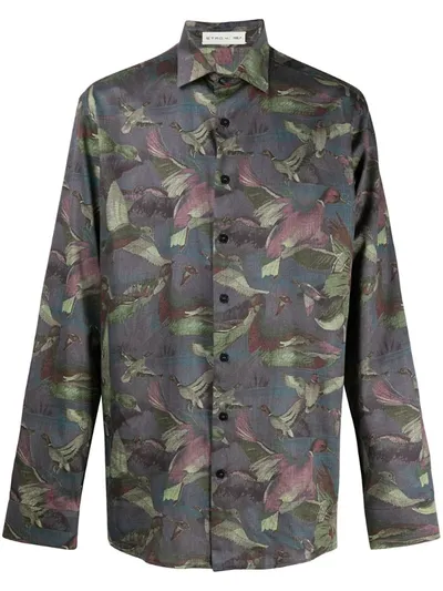 Etro Bird-print Long-sleeve Shirt In Blue