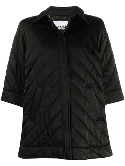 Ganni Satin Half-sleeves Quilted Jacket In Black