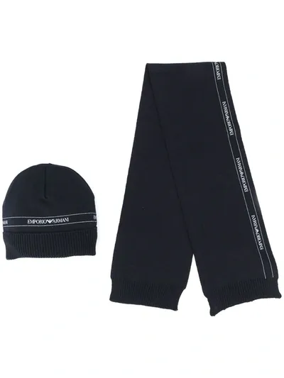 Emporio Armani Kids' Logo-print Beanie And Scarf Set In Dark Blue