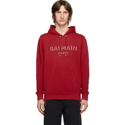 Balmain 3d Logo Print Pouch Pocket Hoodie In Red