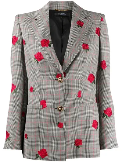 Versace Rose-embroidered Check Blazer In White