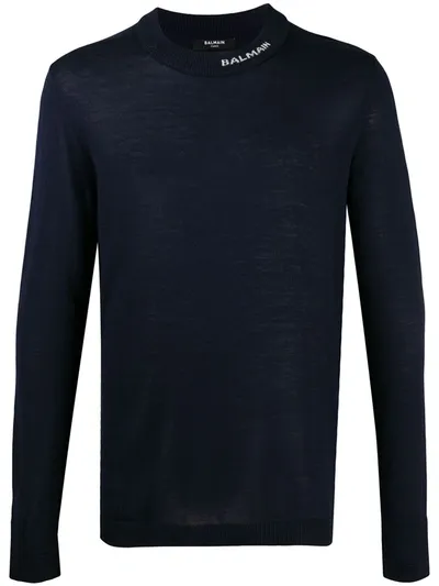 Balmain Logo-jacquard Crew-neck Jumper In Blue