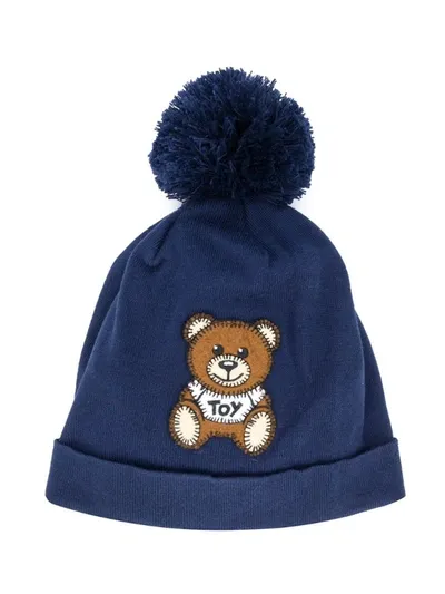 Moschino Kids' Pompom Teddy Bear Beanie In Blue