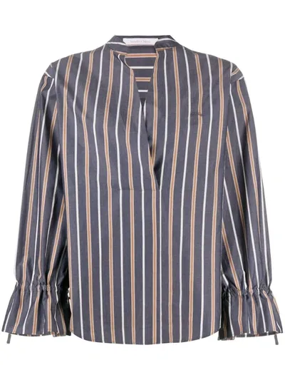 See By Chloé Striped V-neck Cotton Blouse In Grey