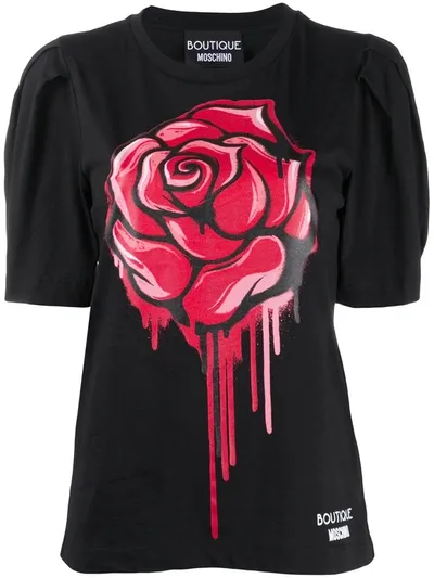 Boutique Moschino Rose Print Puff Sleeve T-shirt In Black