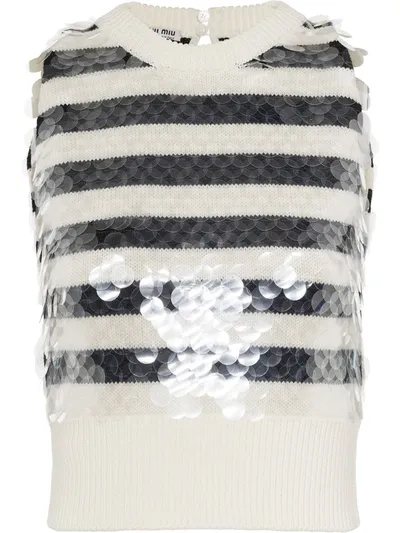 Miu Miu Sequin Striped Sweater Vest In White