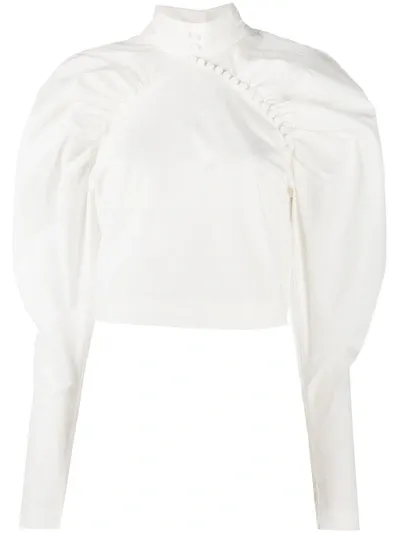 Rotate Birger Christensen Cotton Poplin Shirt W/ Puff Sleeves In White