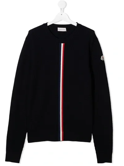 Moncler Teen Tricolour Stripe Round Neck Jumper In Blue