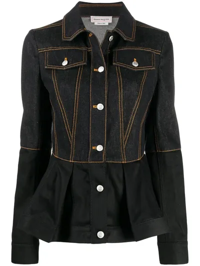 Alexander Mcqueen Ruffled Hem Buttoned Denim Jacket In Black