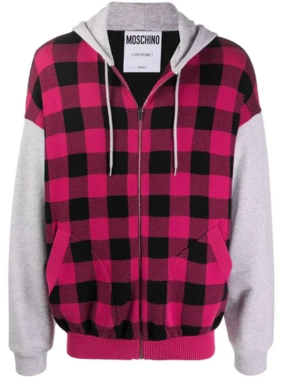 Moschino Check Print Colour-block Zipped Hoodie In Black