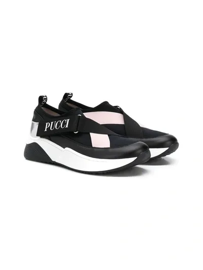 Emilio Pucci Junior Kids' Cross-over Strap Sneakers In Black