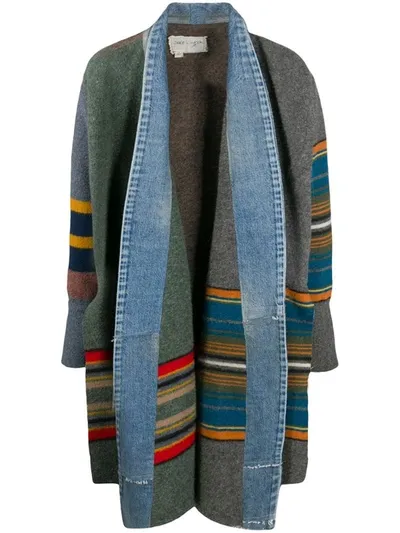 Greg Lauren Striped Denim-trimmed Coat In Blue