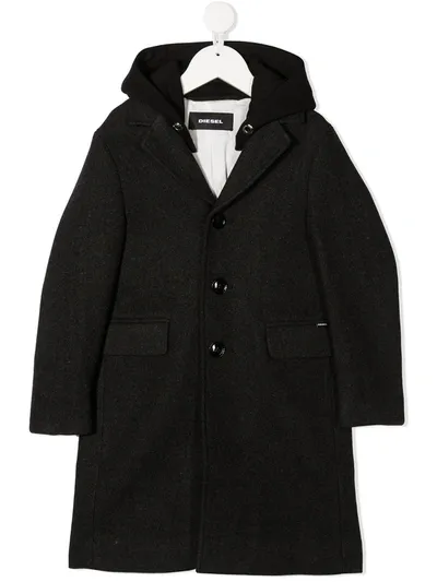 Diesel Hooded Single Breasted Coat In Grey