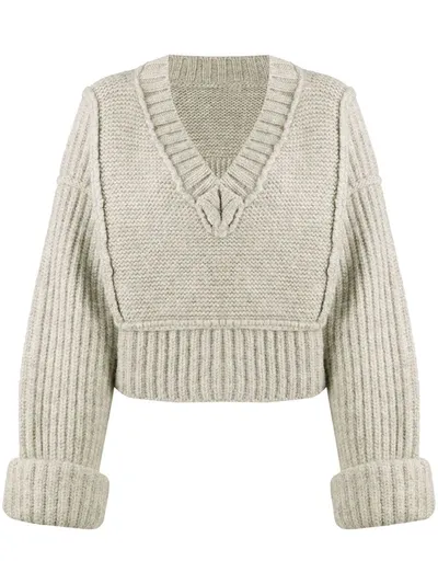 Jacquemus Cropped Oversized V-neck Jumper In Neutrals