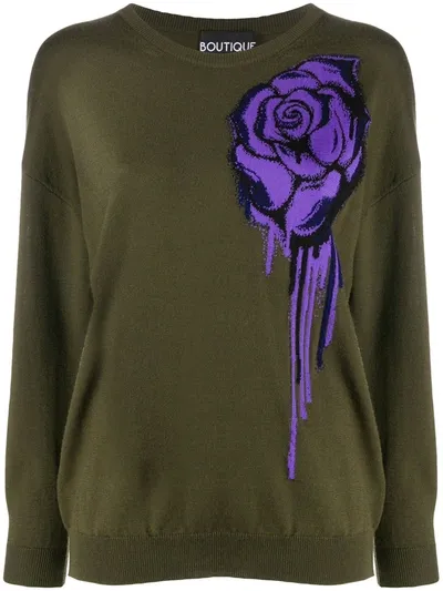 Boutique Moschino Rose Motif Crewneck Jumper In Green