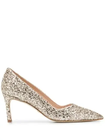 Stuart Weitzman Pointed Glitter-detail Pumps In Gold