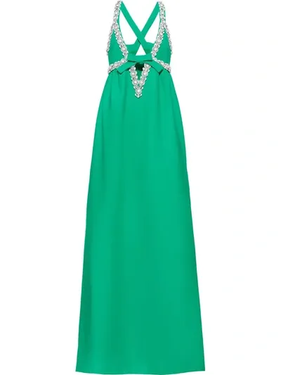 Miu Miu Embellished Cady Plunge-neck Gown In Green