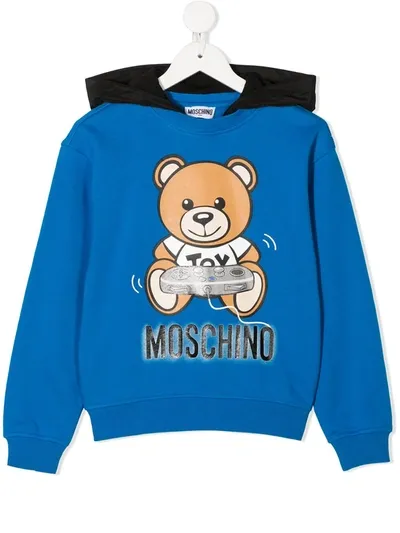 Moschino Kids' Teddybear Logo Print Hoodie In Blue