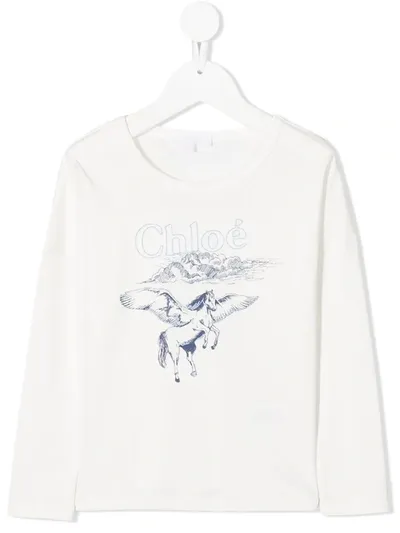 Chloé Kids' Pegasus Print Long-sleeved T-shirt In White