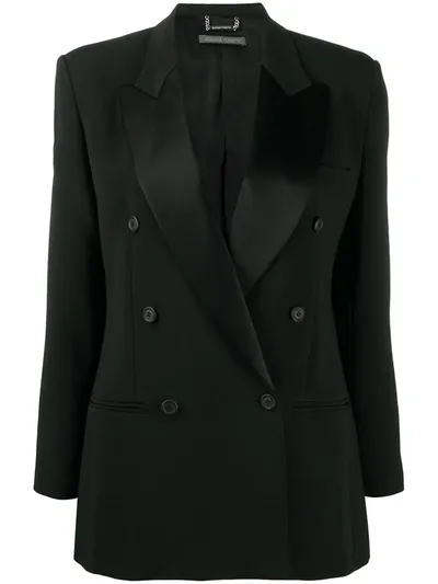 Alberta Ferretti Satin Lapel Double-breasted Blazer In Black