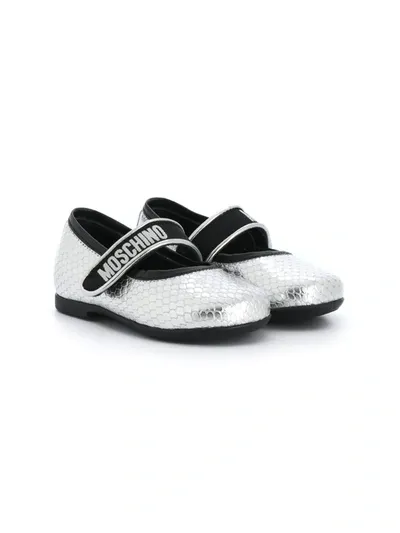 Moschino Kids' Logo Touch Strap Ballerina Shoes In Grey