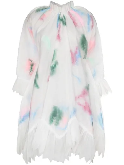 Susan Fang Layered Feather Organza Swing Dress In White