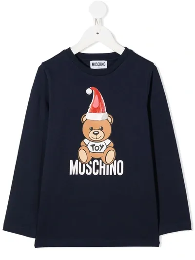 Moschino Kids' Holiday Bear Long-sleeve T-shirt In Blue