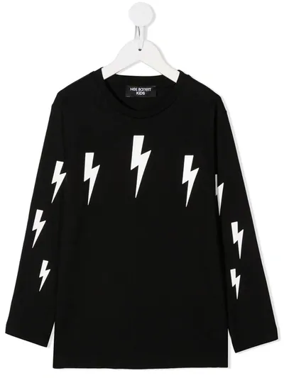 Neil Barrett Kids' Thunderbolt Print Long-sleeve Top In Black