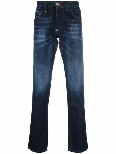 Philipp Plein Iconic Logo Super-straight Cut Jeans In Blue