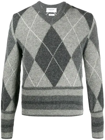 Thom Browne Tonal Shetland Argyle V-neck Pullover In Grey