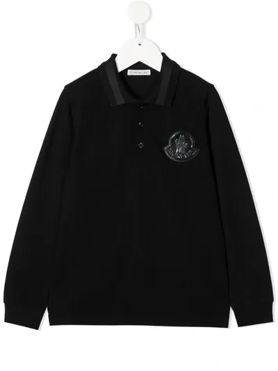 Moncler Teen Logo-patch Long Sleeved Polo Shirt In Black