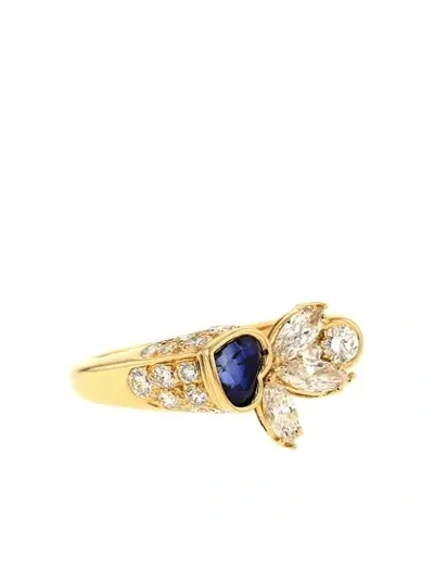 Pre-owned Piaget 2000s  18kt Yellow Gold Diamond Sapphire  Heart Ring In White,gold,blue