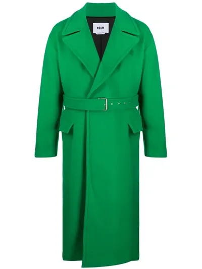 Msgm Belted Long Coat In Green