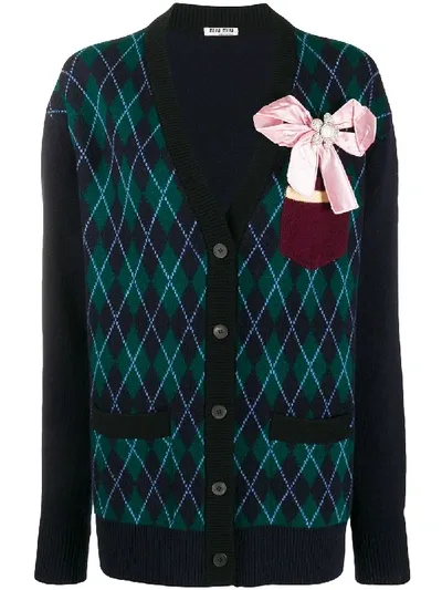 Miu Miu Argyle Patterned Bow Embellished Cardigan In Blau