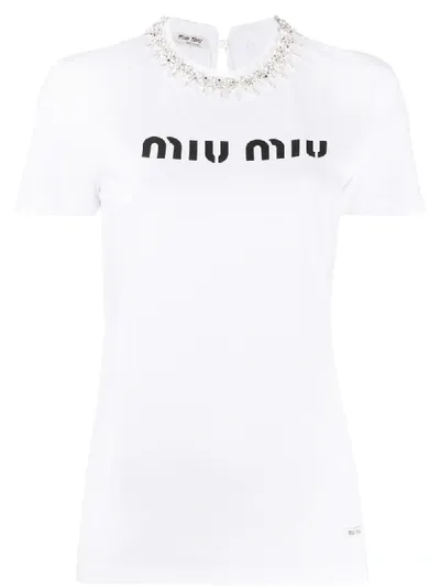 Miu Miu Crystal And Pearl Embellished T-shirt In White