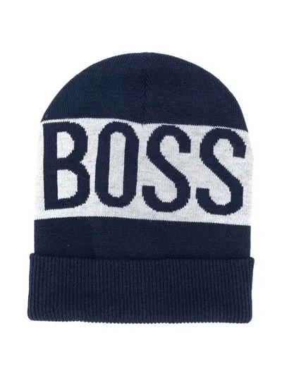 Hugo Boss Kids' Contrast-logo Knit Beanie In Blue