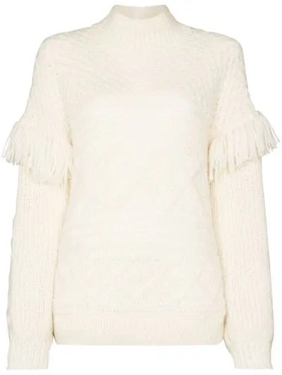 Escvdo Fringed Sleeve Crochet Knit Sweater In White