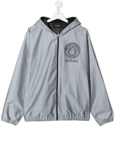 Young Versace Teen Reflective Medusa Logo Windbreaker In Grey