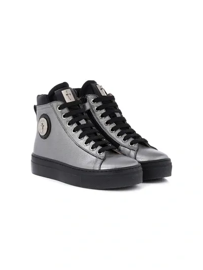 Cesare Paciotti Kids' Metallized Logo High-top Sneakers In Silver