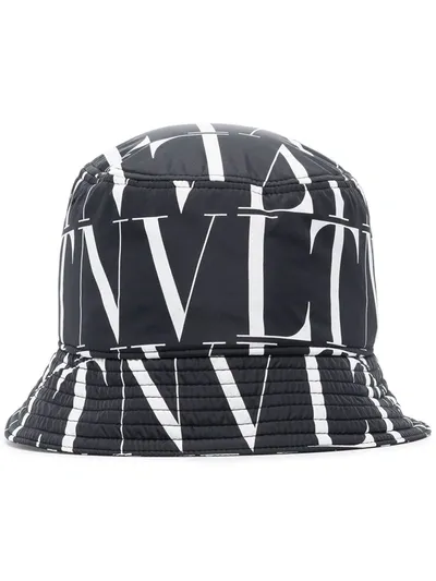 Valentino Garavani Allover Logo Print Nylon Bucket Hat In Black White