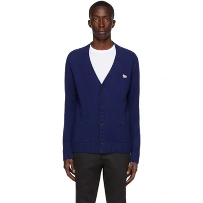 Maison Kitsuné Navy Wool Profile Fox Patch Cardigan In Dark Navy