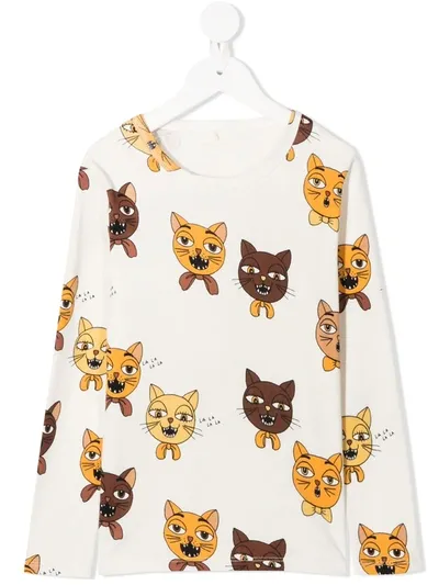 Mini Rodini Kids' Cat Choir Long Sleeve T-shirt In White